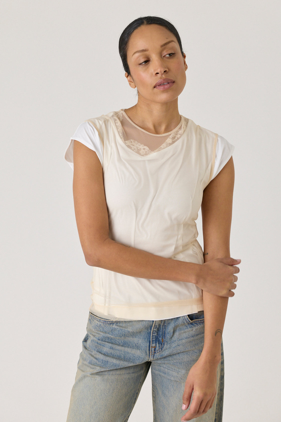 Layered Liquid Cap Sleeve Lace Trim Tee