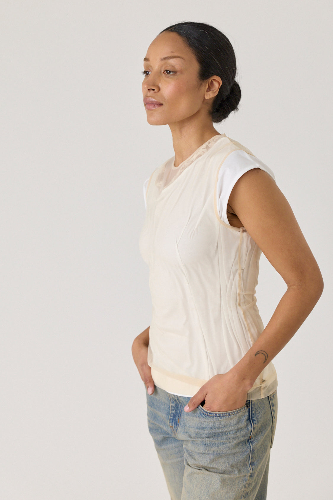Layered Liquid Cap Sleeve Lace Trim Tee