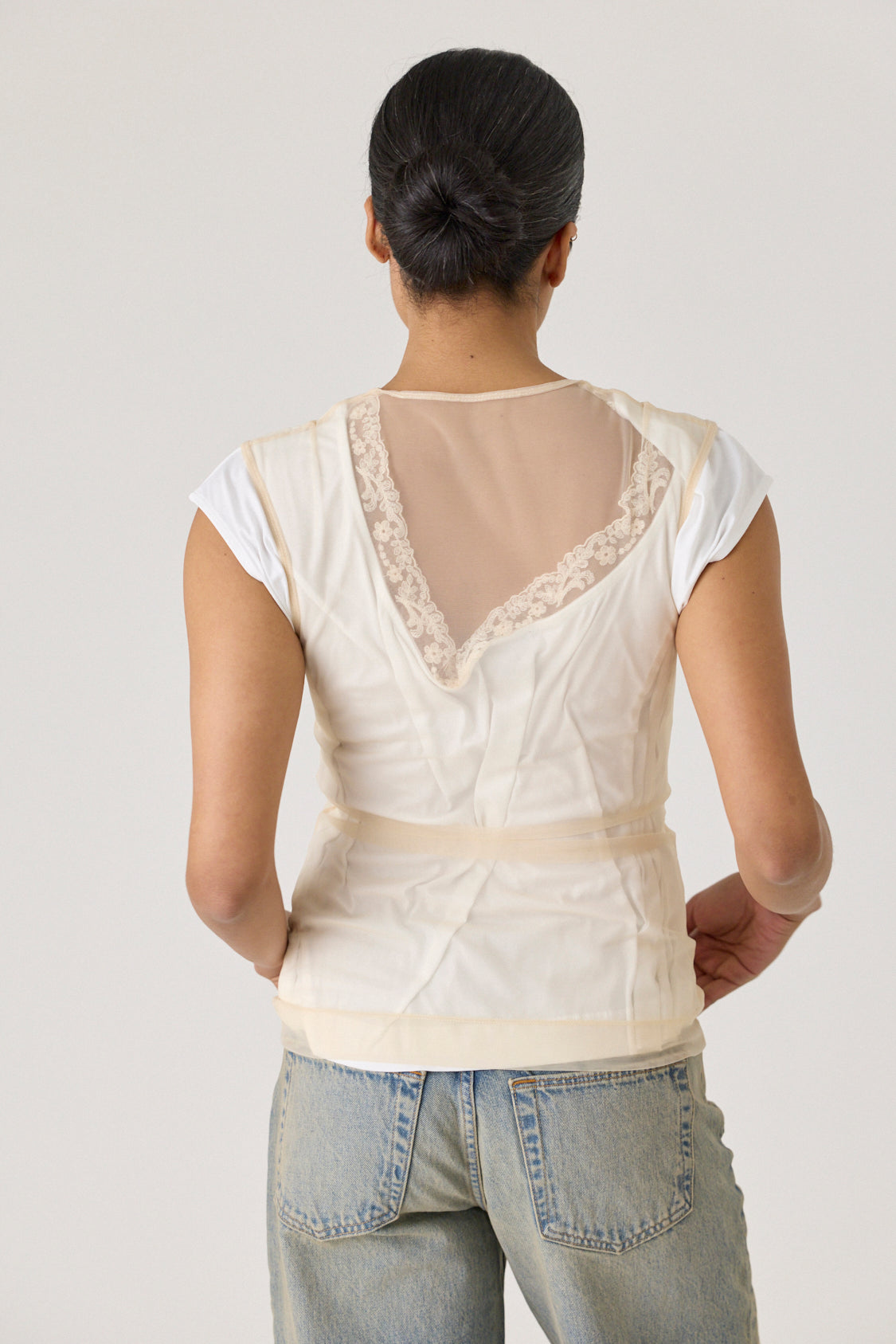 Layered Liquid Cap Sleeve Lace Trim Tee