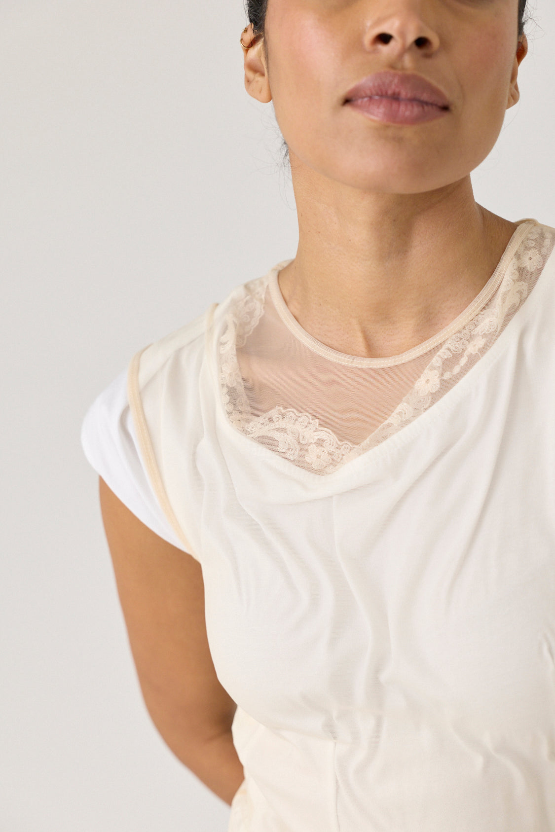 Layered Liquid Cap Sleeve Lace Trim Tee