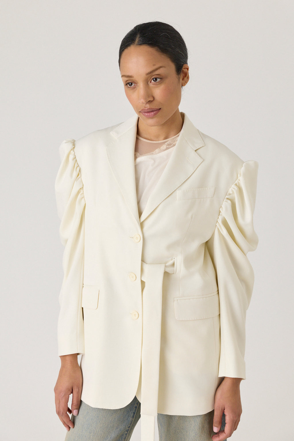 Back Cutout Draped Sleeve Bow Jacket