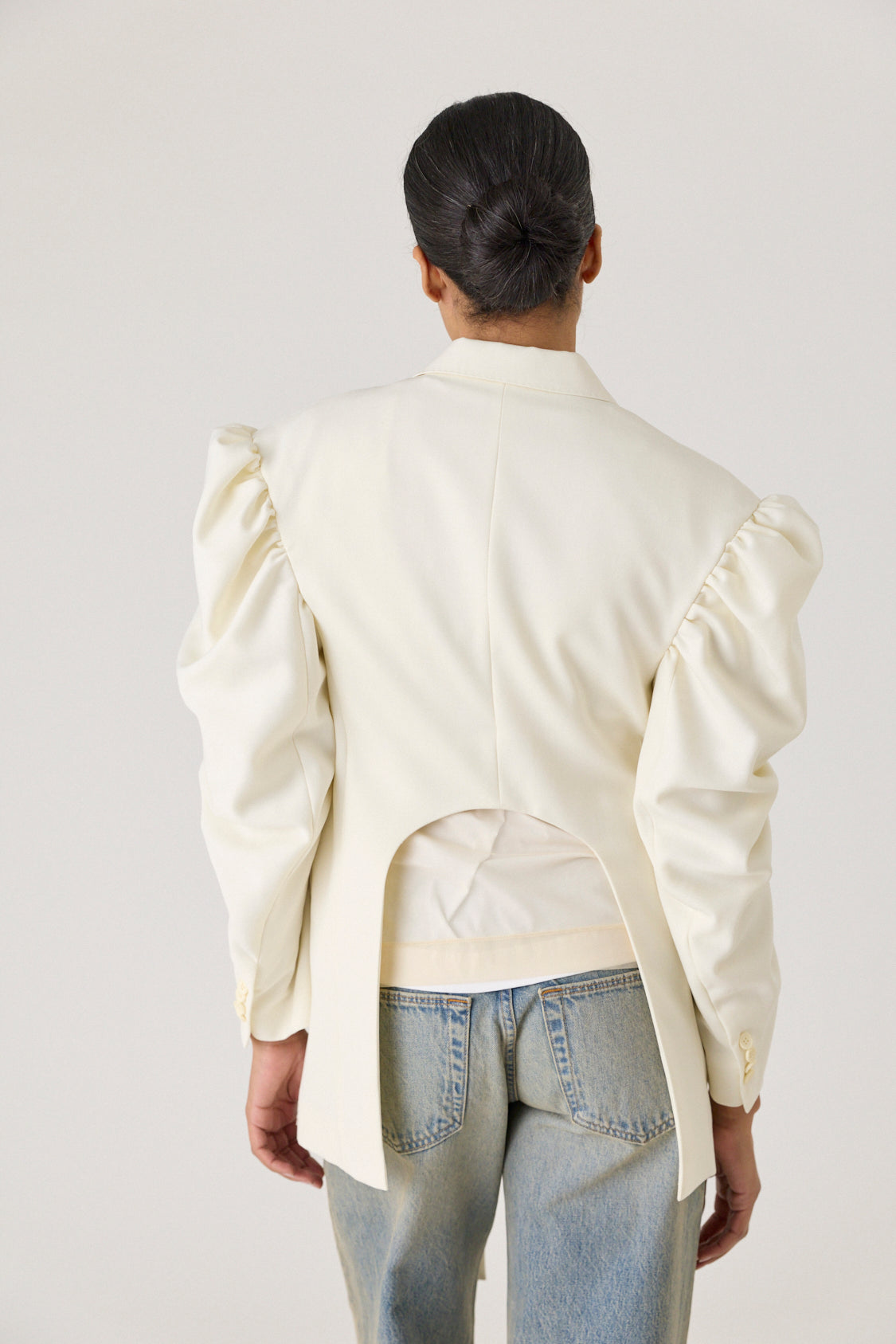 Back Cutout Draped Sleeve Bow Jacket