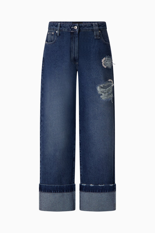 Distressed Straight Jeans with Embellishment