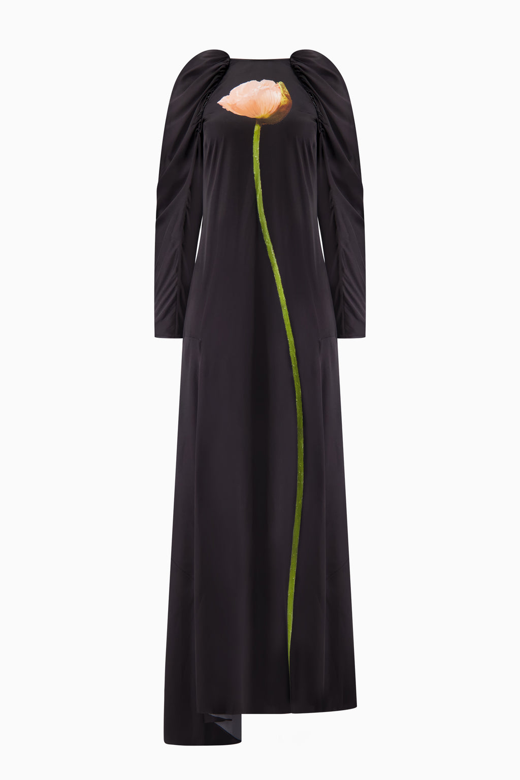 Poppy Motif Draped Sleeve Cascade Dress