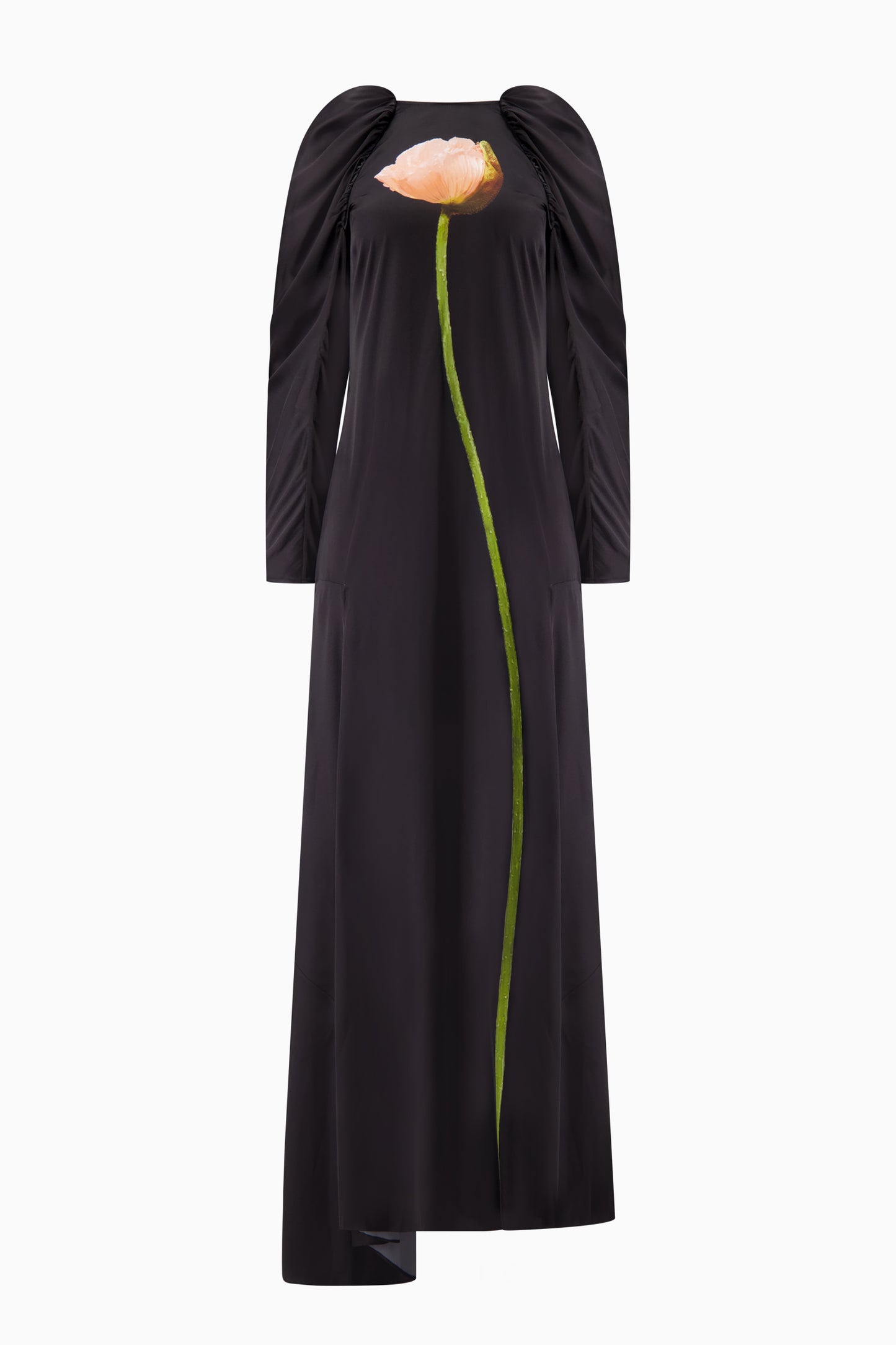 Poppy Motif Draped Sleeve Cascade Dress