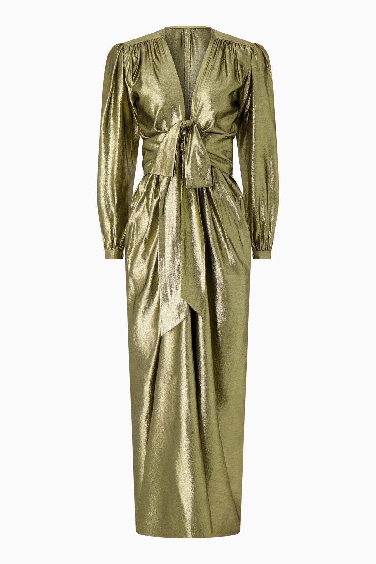 A gold lamé gown with a bow detail at the waist, long sleeves, and a V-neckline, presented against a white background.