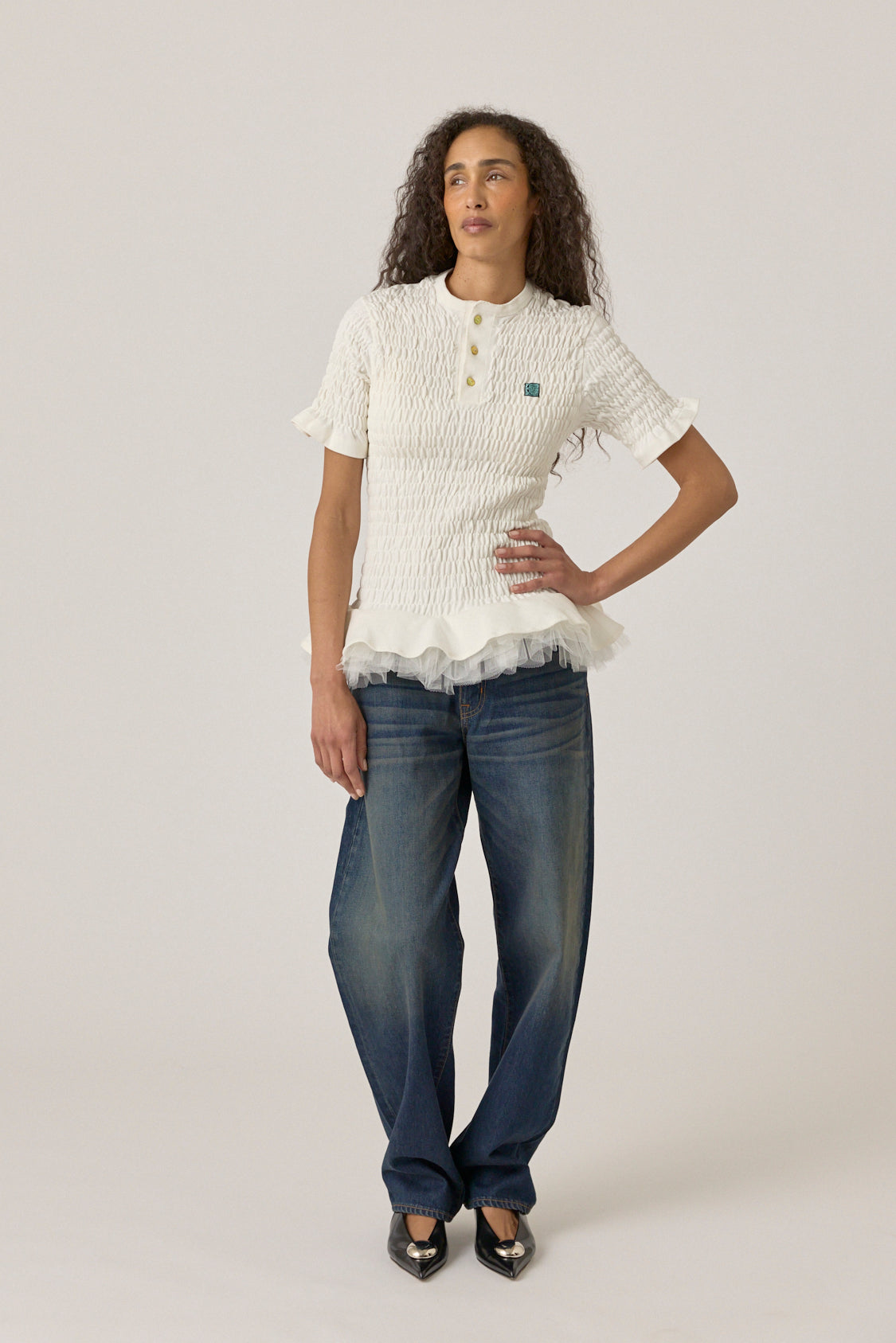 Shirred Henley Top with Tulle