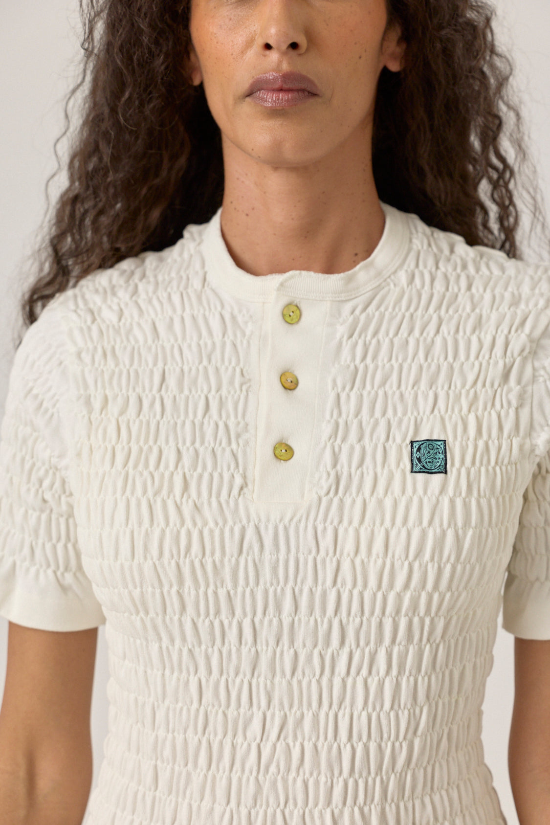 Shirred Henley Top with Tulle