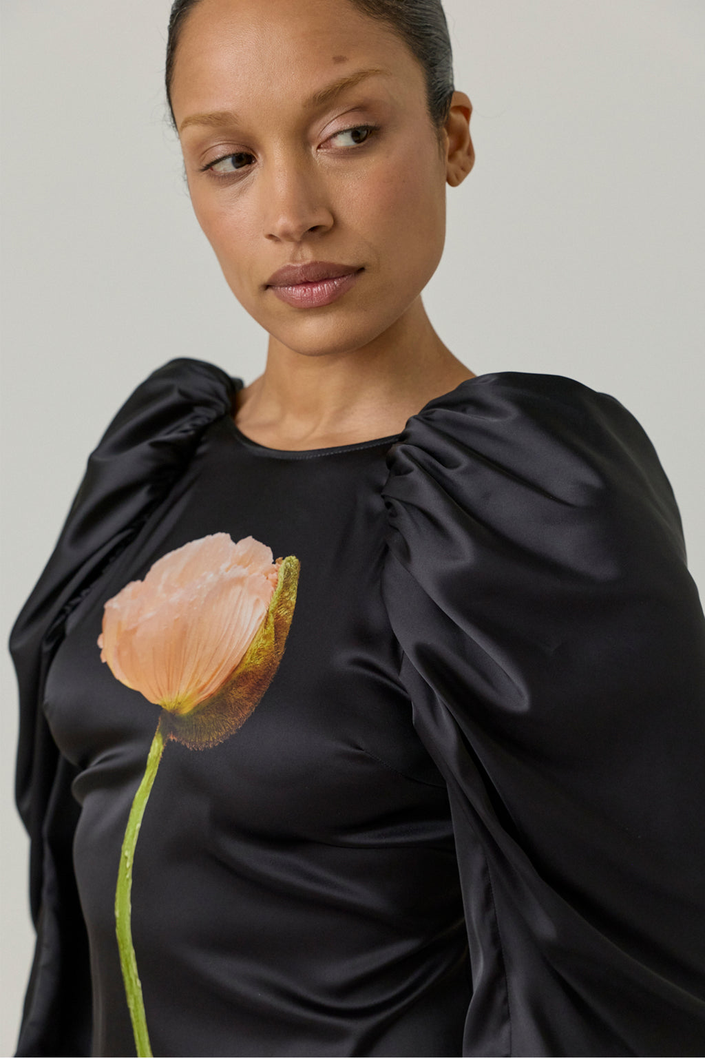 Poppy Motif Draped Sleeve Cascade Dress