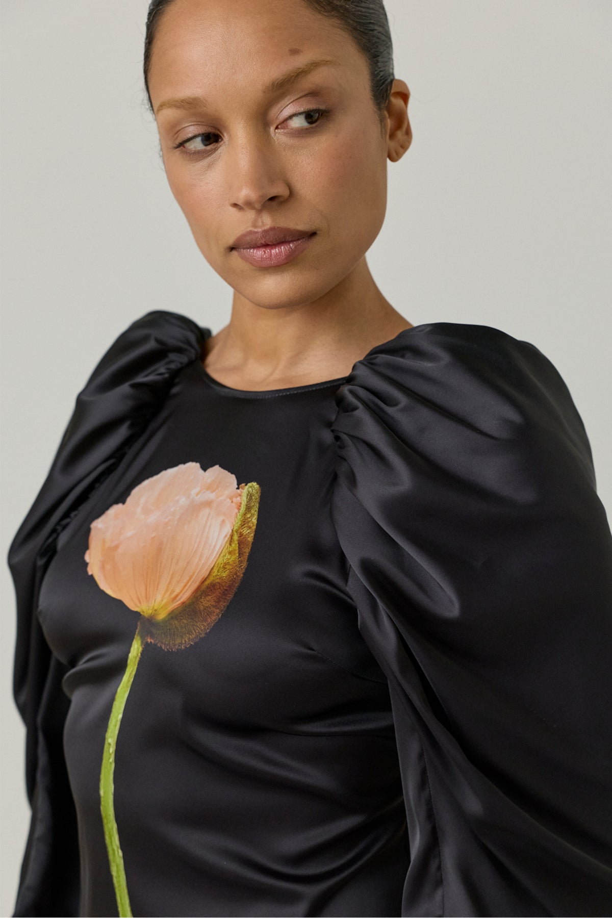 Poppy Motif Draped Sleeve Cascade Dress