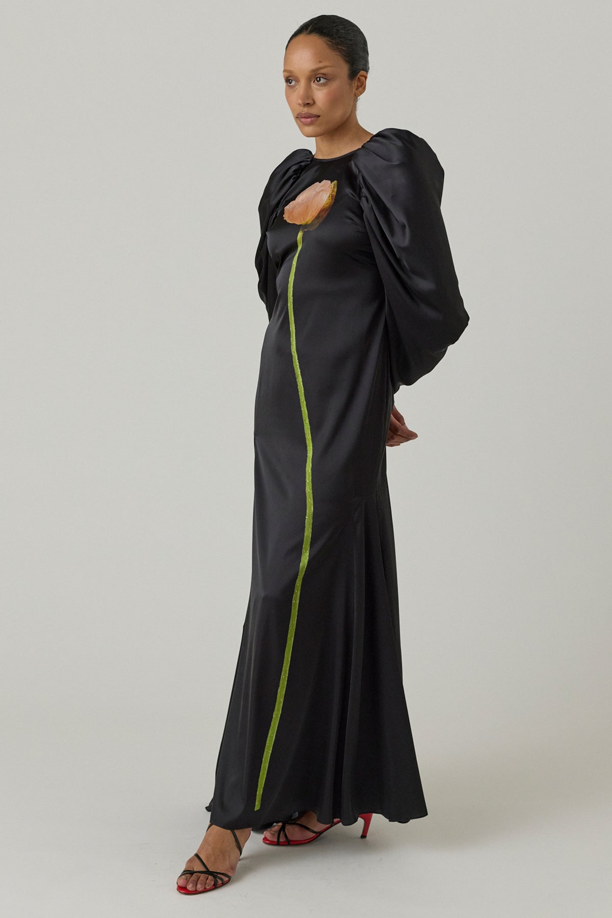 Poppy Motif Draped Sleeve Cascade Dress