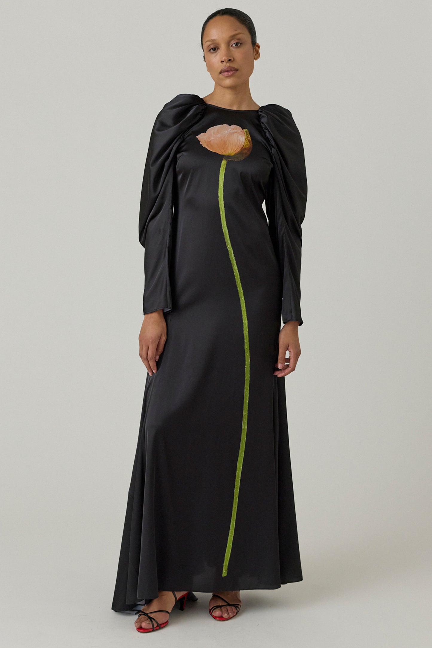 Poppy Motif Draped Sleeve Cascade Dress
