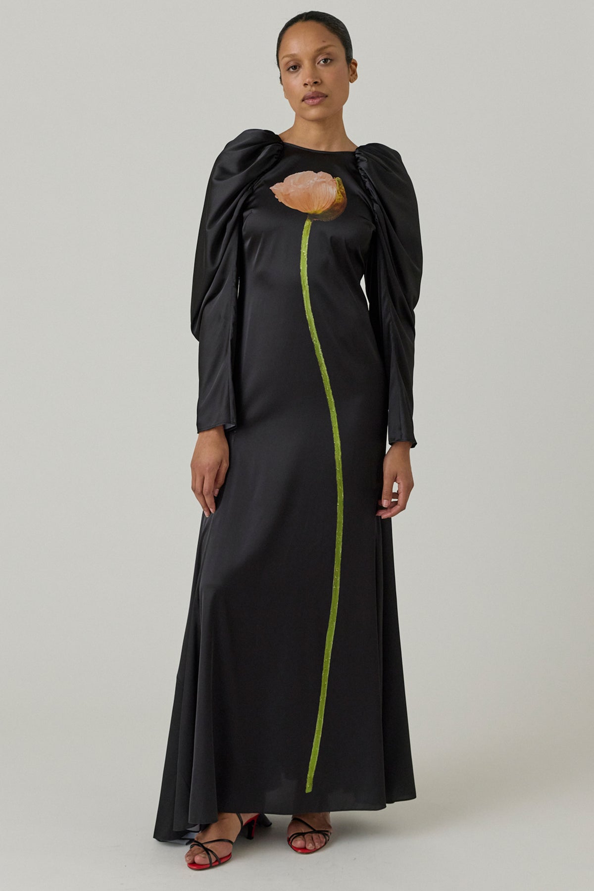 Poppy Motif Draped Sleeve Cascade Dress