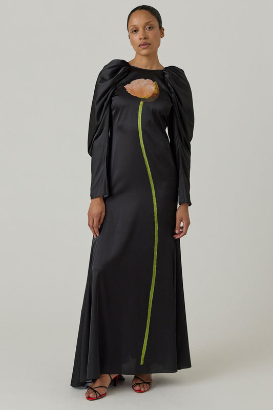 Poppy Motif Draped Sleeve Cascade Dress