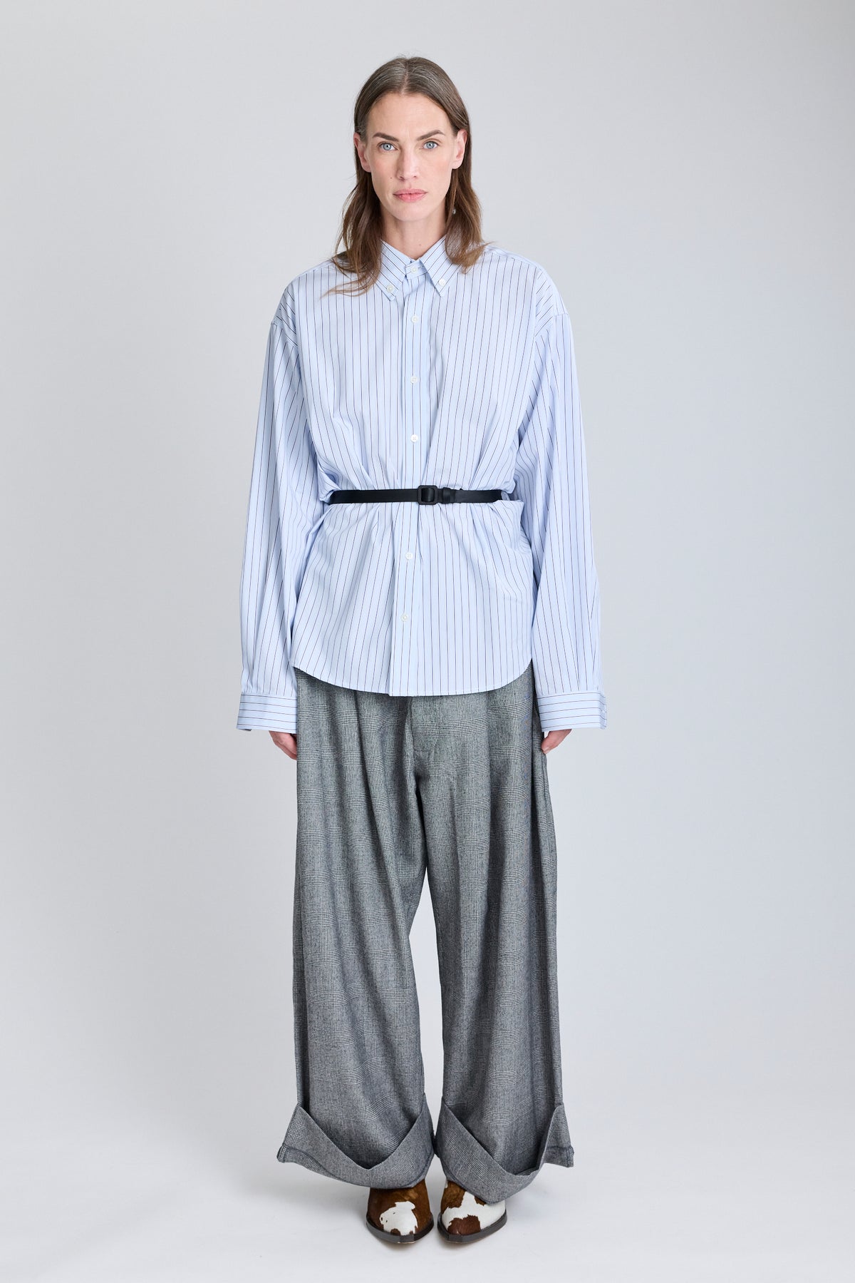 Belted Button Down Shirt - Blue Stripes