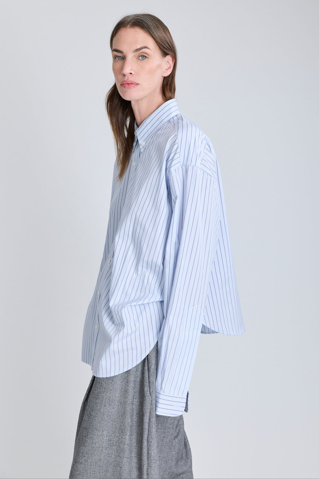 Belted Button Down Shirt - Blue Stripes