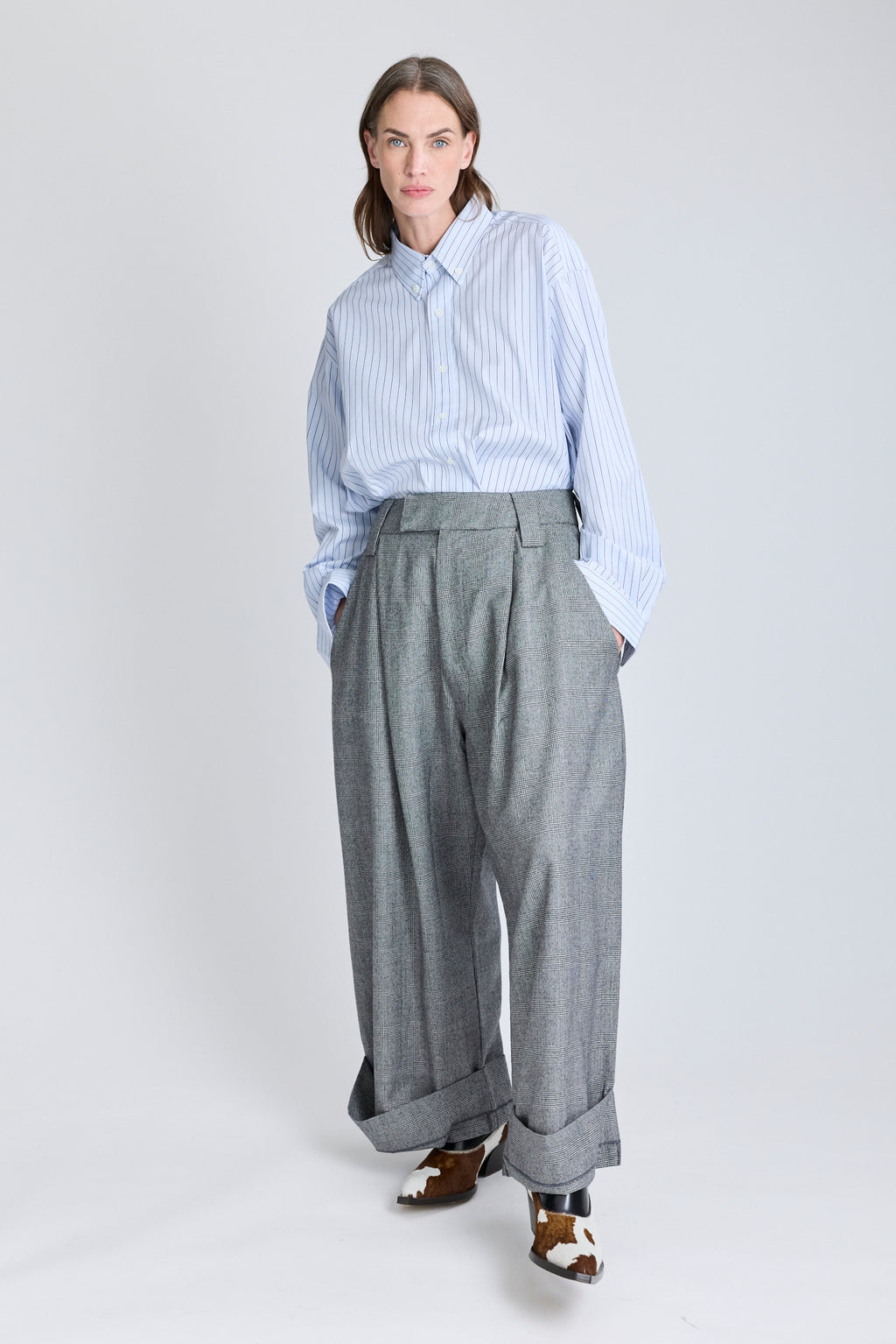 Belted Button Down Shirt - Blue Stripes