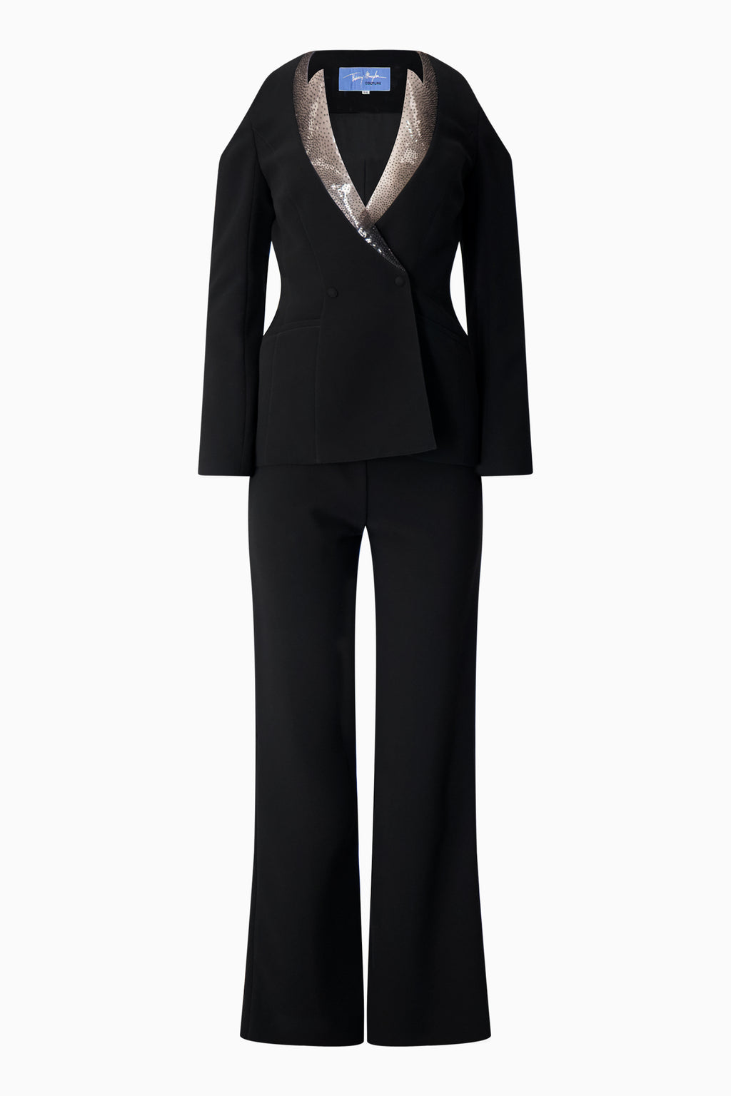 A Thierry Mugler black pantsuit with a sequinned collar.