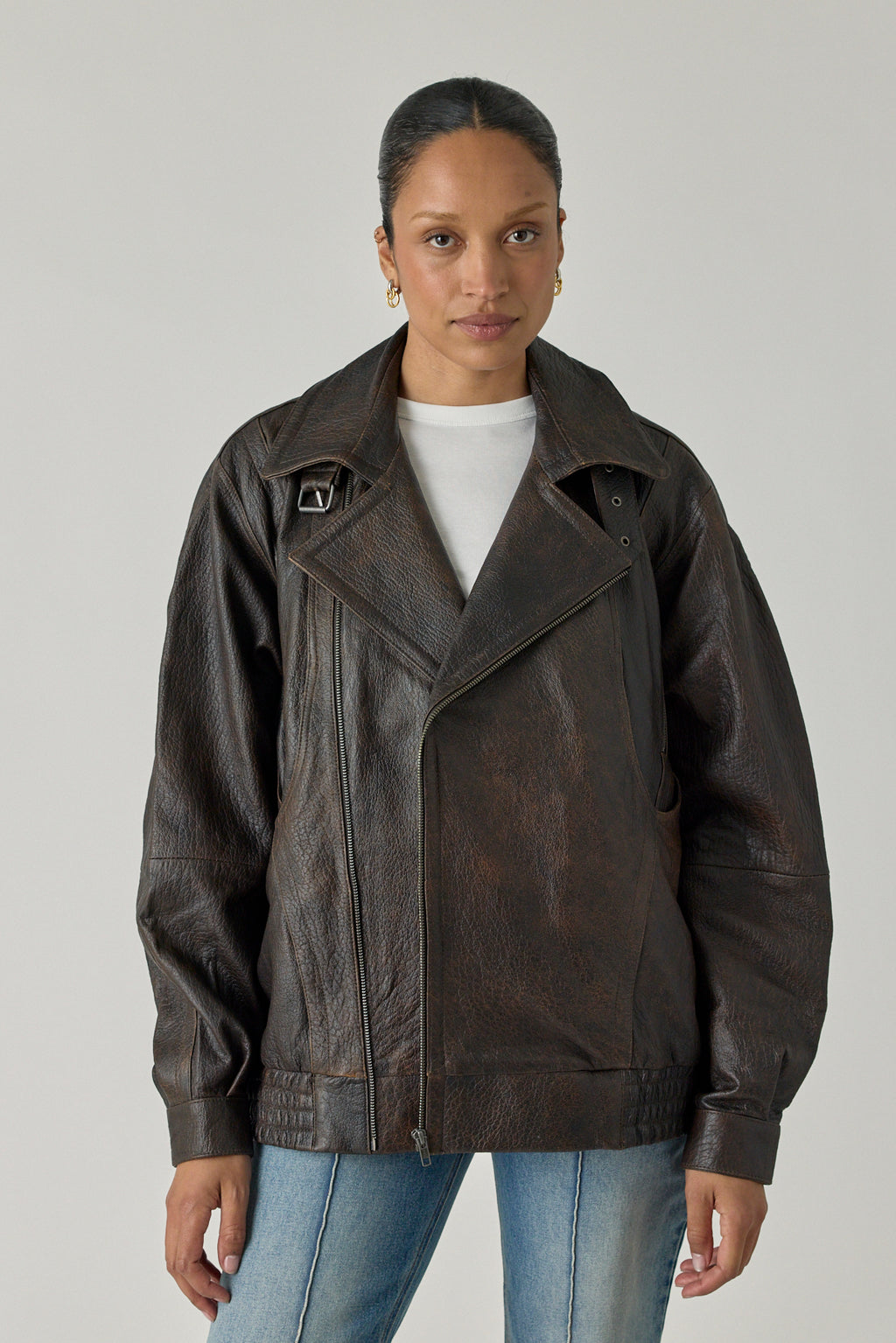 Unisex Concave Vintage Leather Biker Jacket