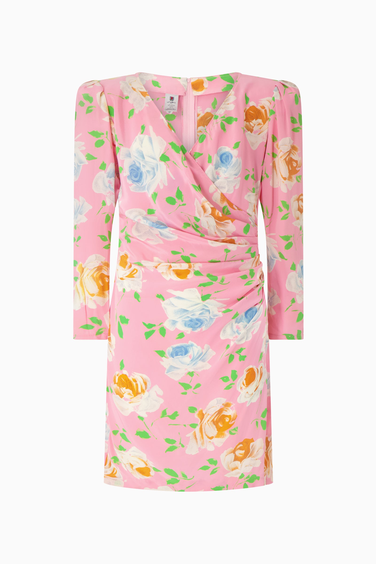A pink floral dress with three-quarter sleeves and a V-neckline.