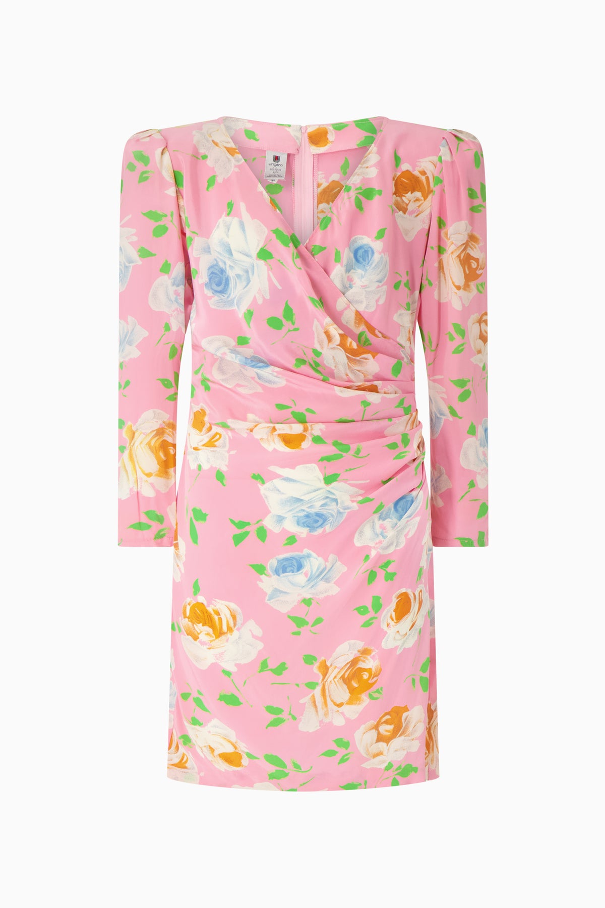 A pink floral dress with three-quarter sleeves and a V-neckline.