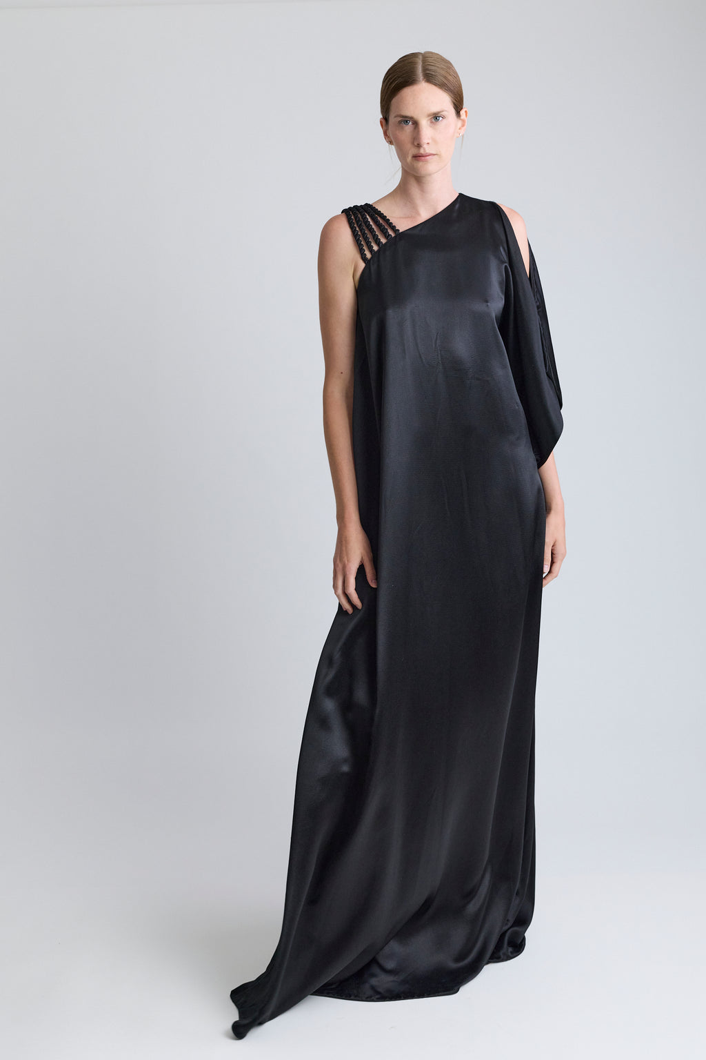 Christian Dior Black Satin Dress with Braided Shoulder