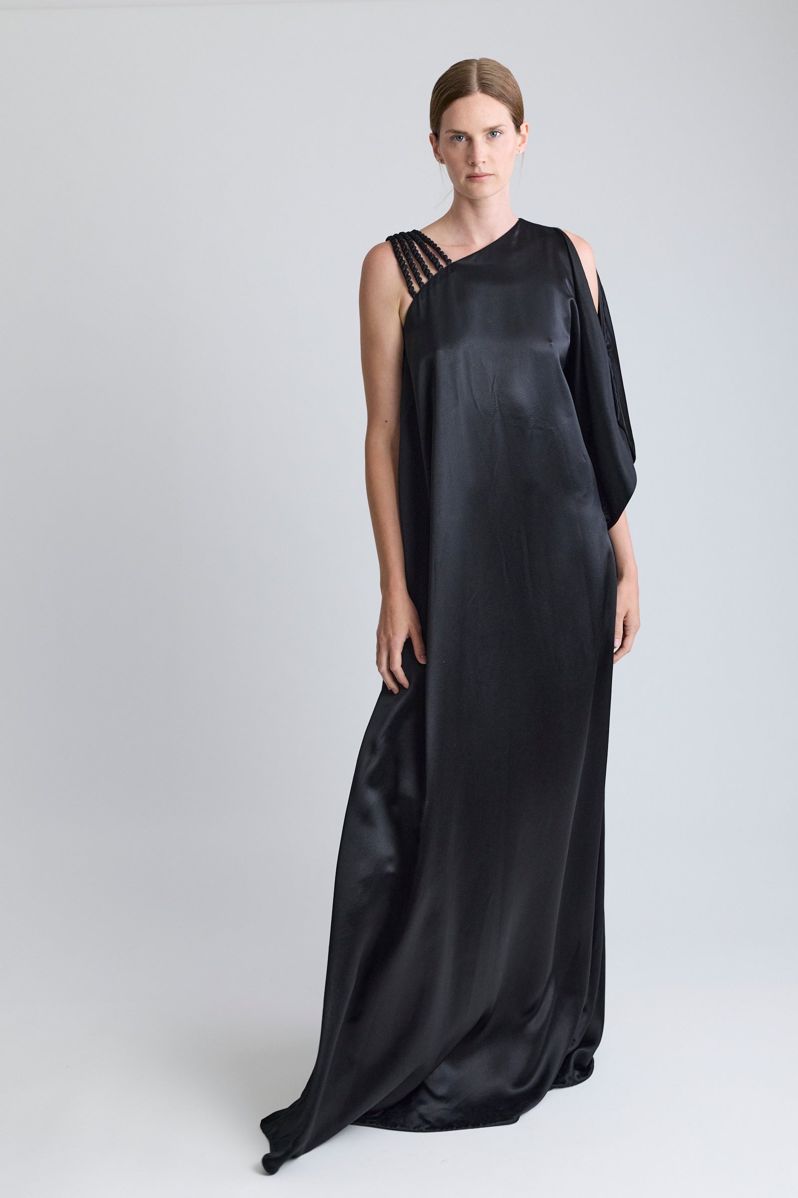 Christian Dior Black Satin Dress with Braided Shoulder