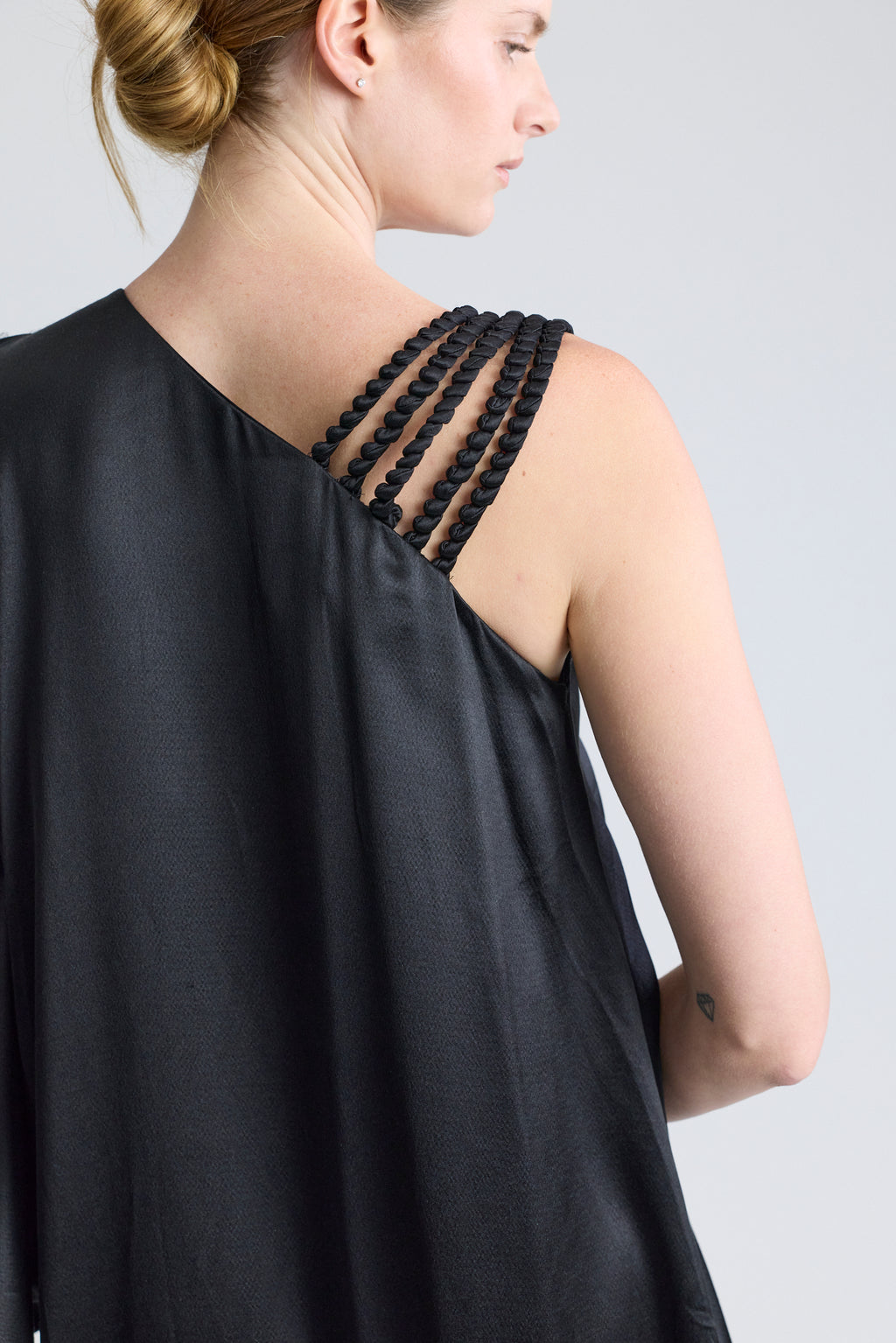 Christian Dior Black Satin Dress with Braided Shoulder