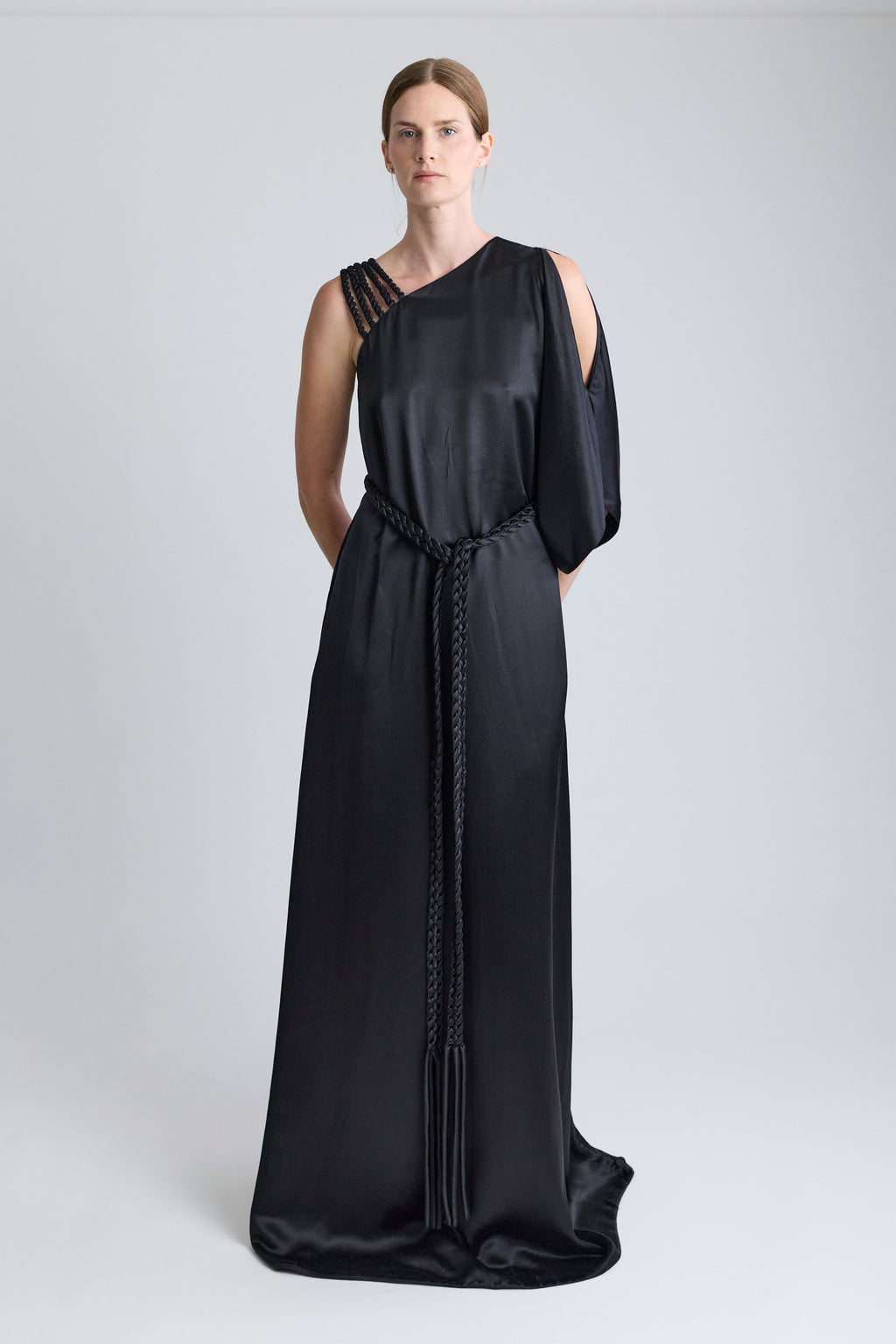 Christian Dior Black Satin Dress with Braided Shoulder