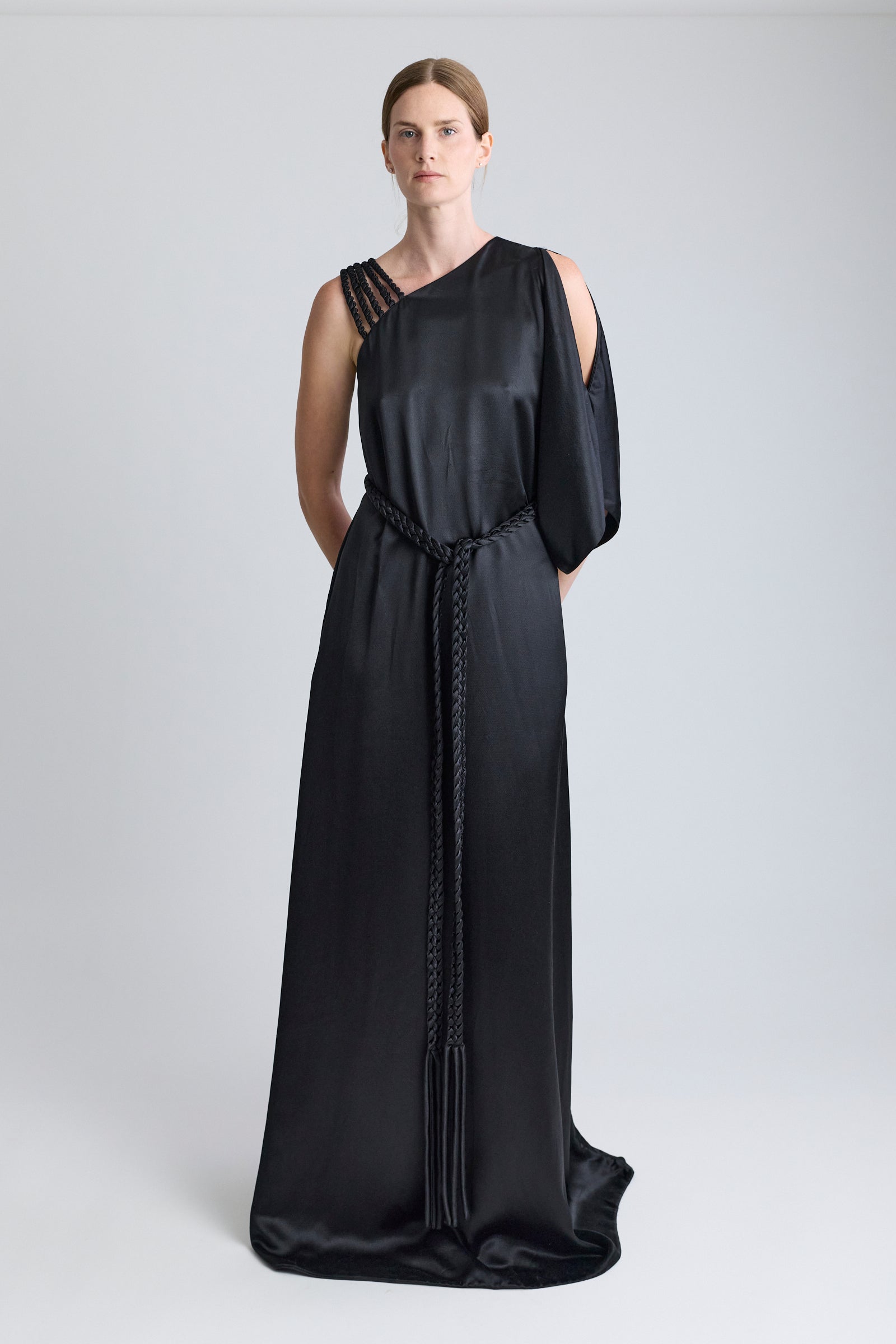 Christian Dior Black Satin Dress with Braided Shoulder