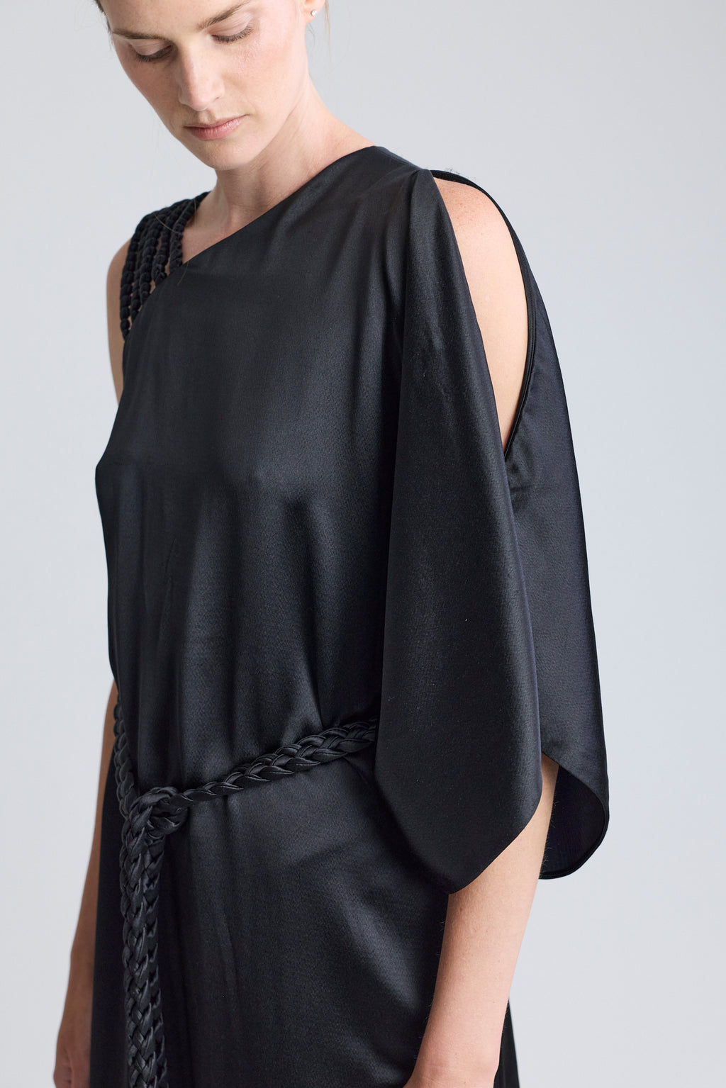 Christian Dior Black Satin Dress with Braided Shoulder