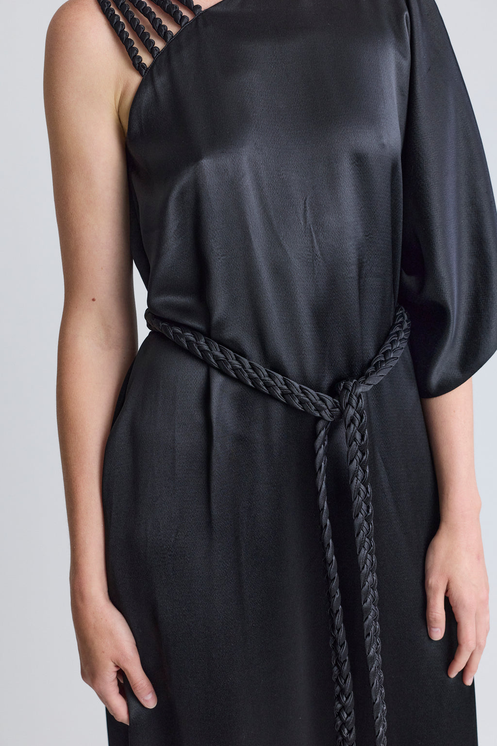 Christian Dior Black Satin Dress with Braided Shoulder