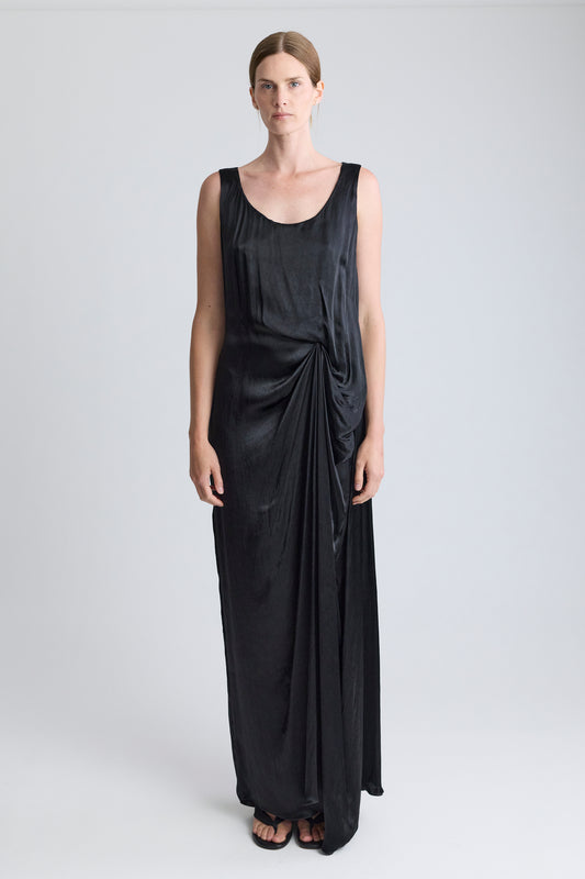 Lanvin Black Satin Gathered Maxi Dress