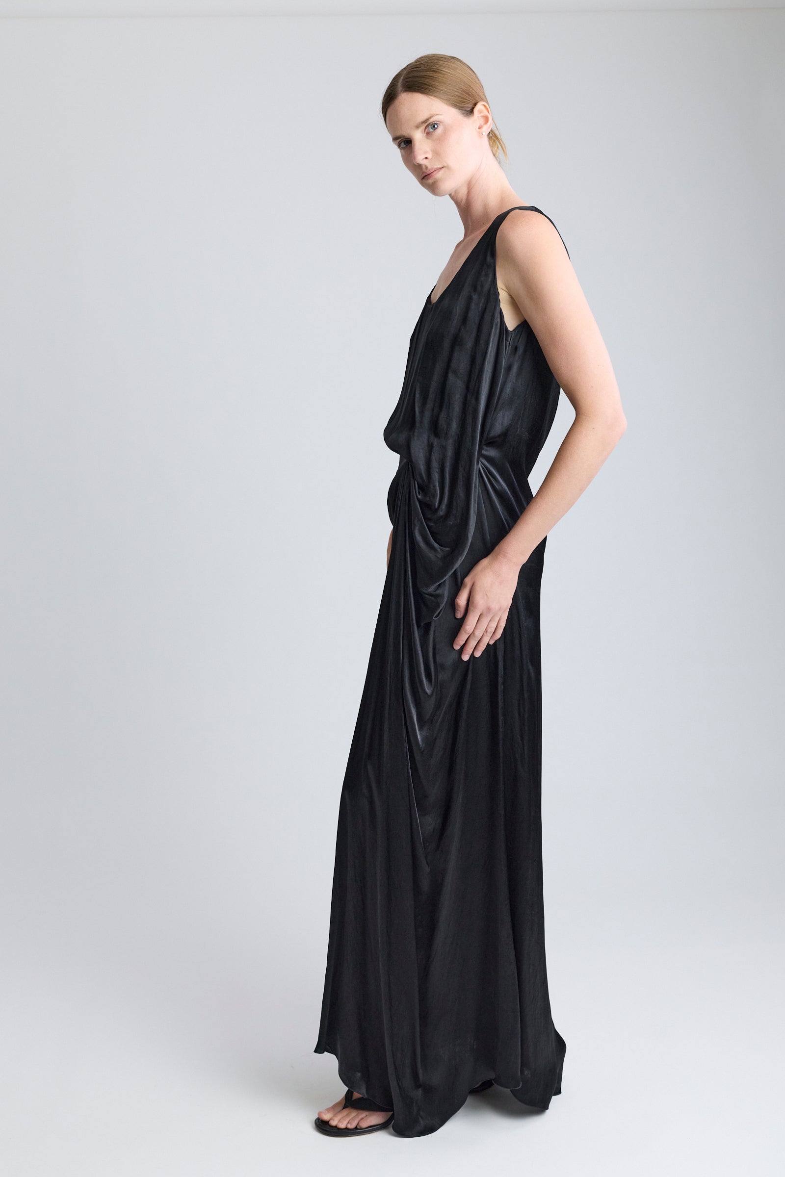 Lanvin Black Satin Gathered Maxi Dress