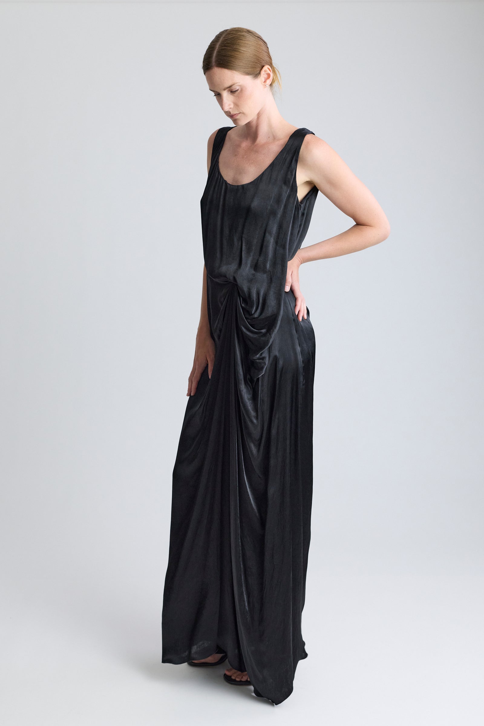 Lanvin Black Satin Gathered Maxi Dress
