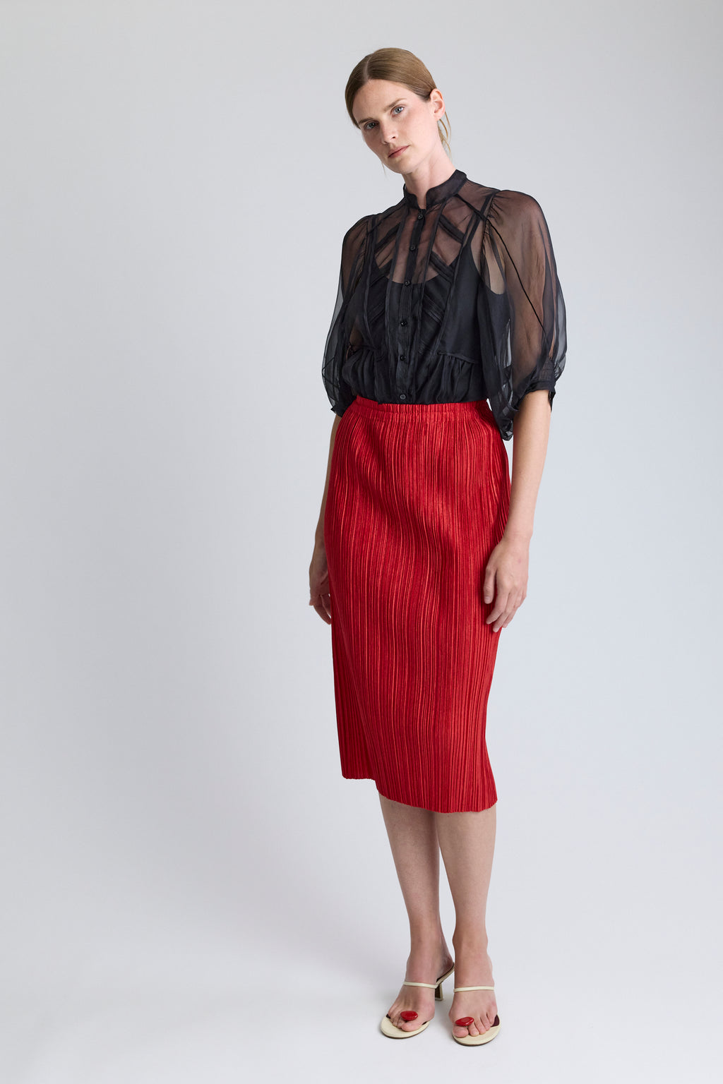 PLEATS PLEASE ISSEY MIYAKE Red Midi Skirt