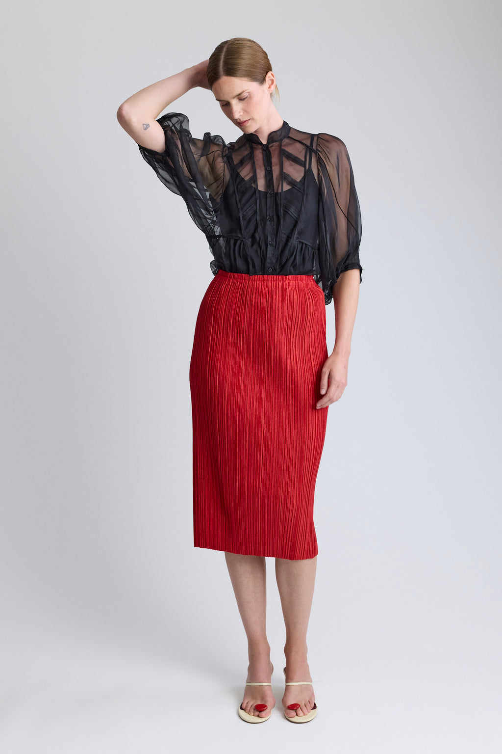 PLEATS PLEASE ISSEY MIYAKE Red Midi Skirt