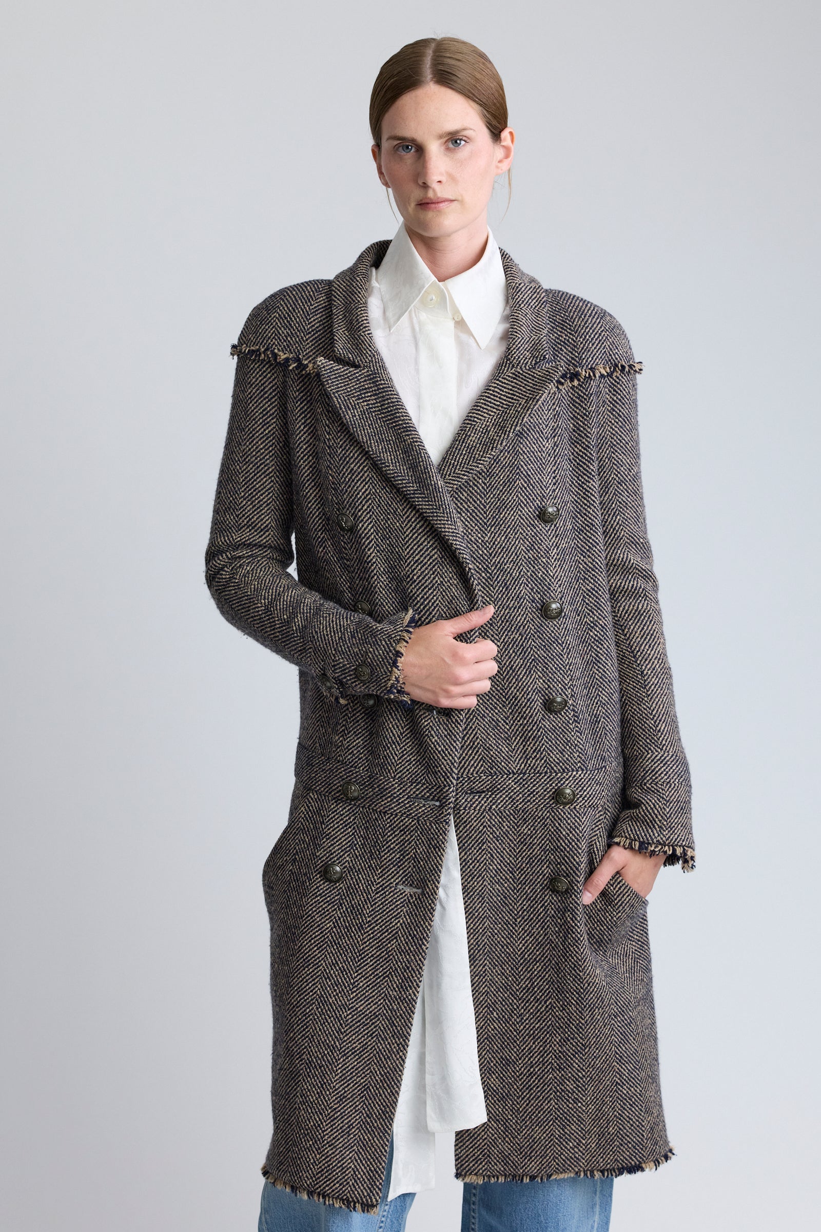Chanel Herringbone Tweed Wool Coat