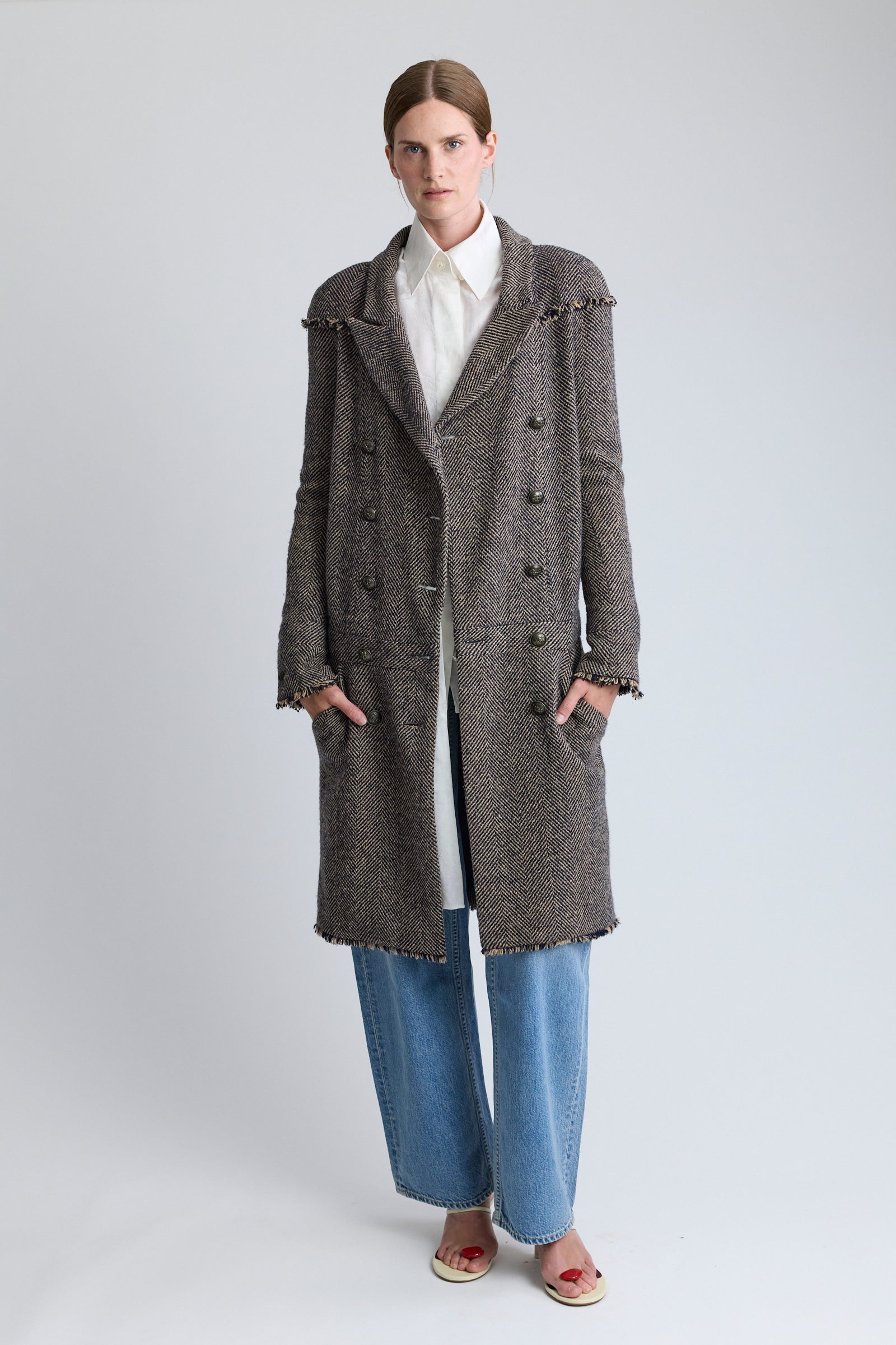 Chanel Herringbone Tweed Wool Coat