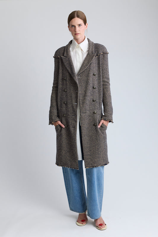 Chanel Herringbone Tweed Wool Coat