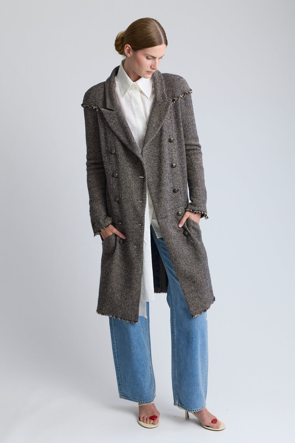 Chanel Herringbone Tweed Wool Coat