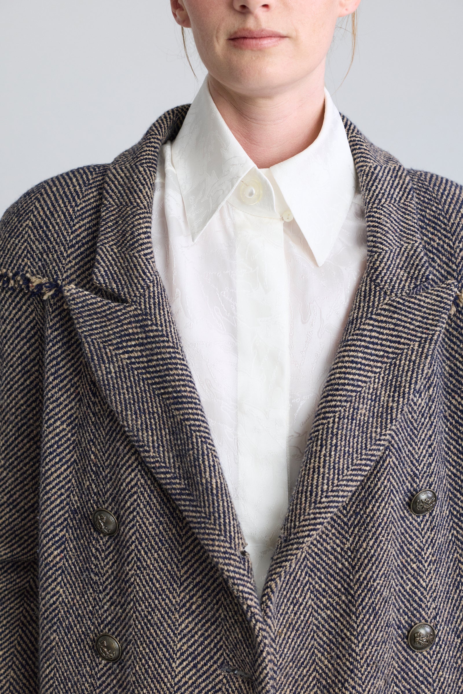 Chanel Herringbone Tweed Wool Coat