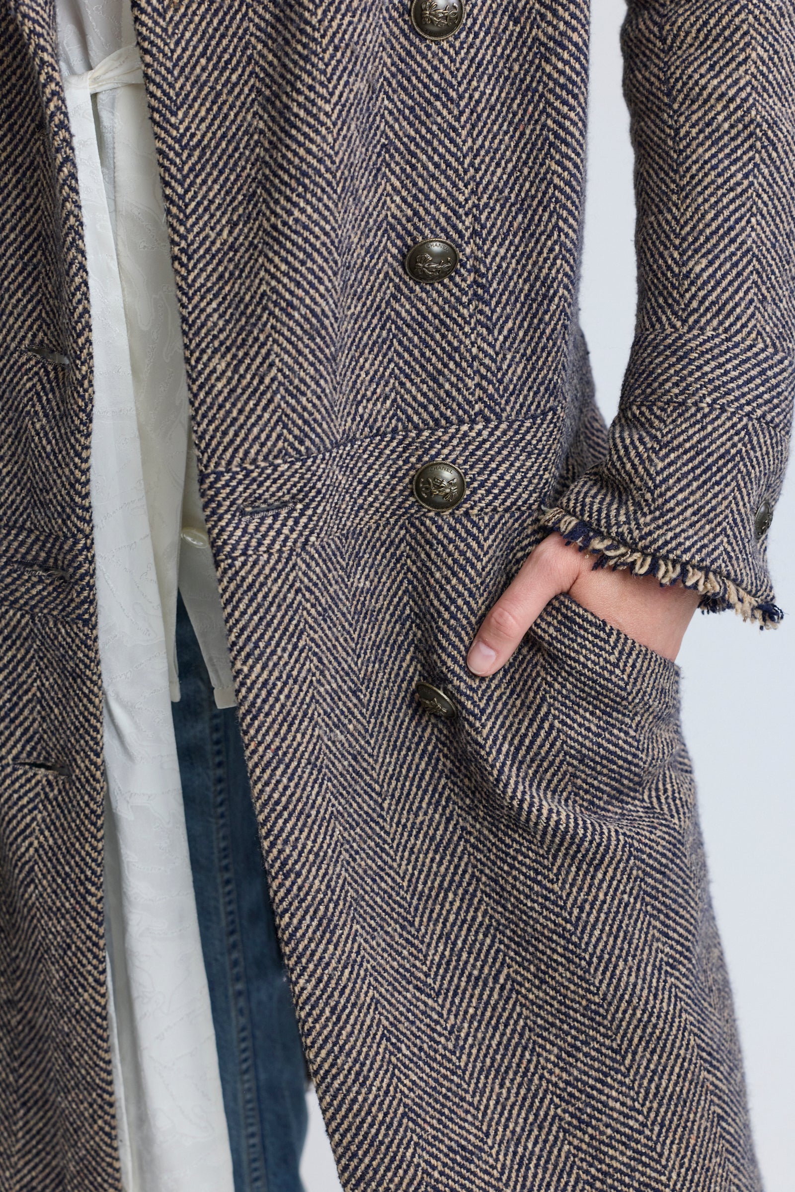 Chanel Herringbone Tweed Wool Coat