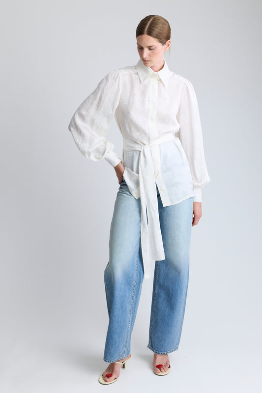 Chanel White Silk Damask Blouse