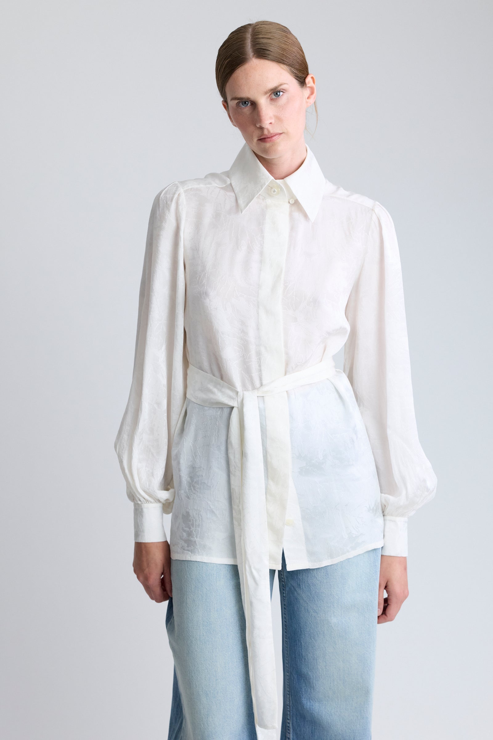 Chanel White Silk Damask Blouse