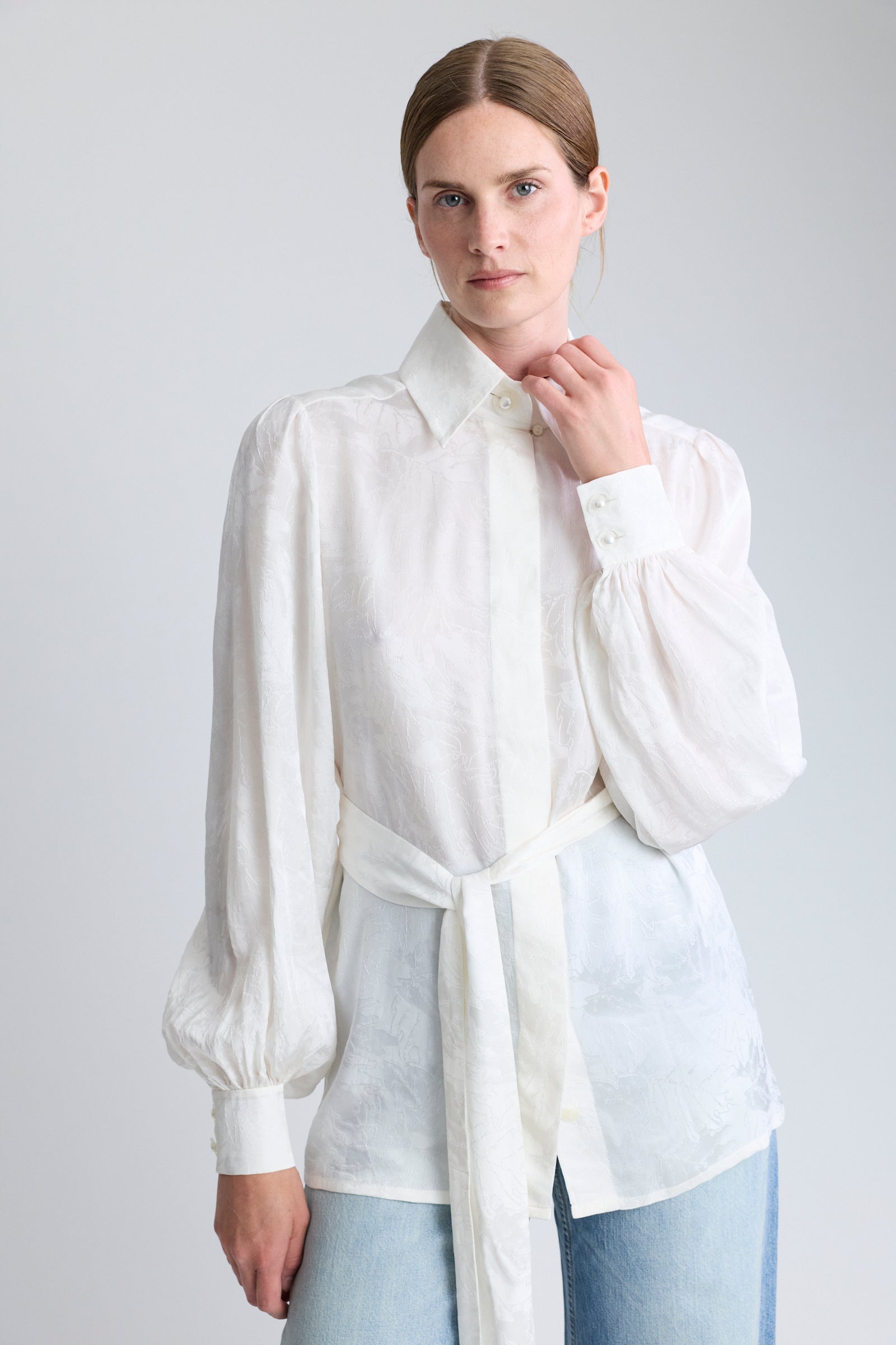 Chanel White Silk Damask Blouse